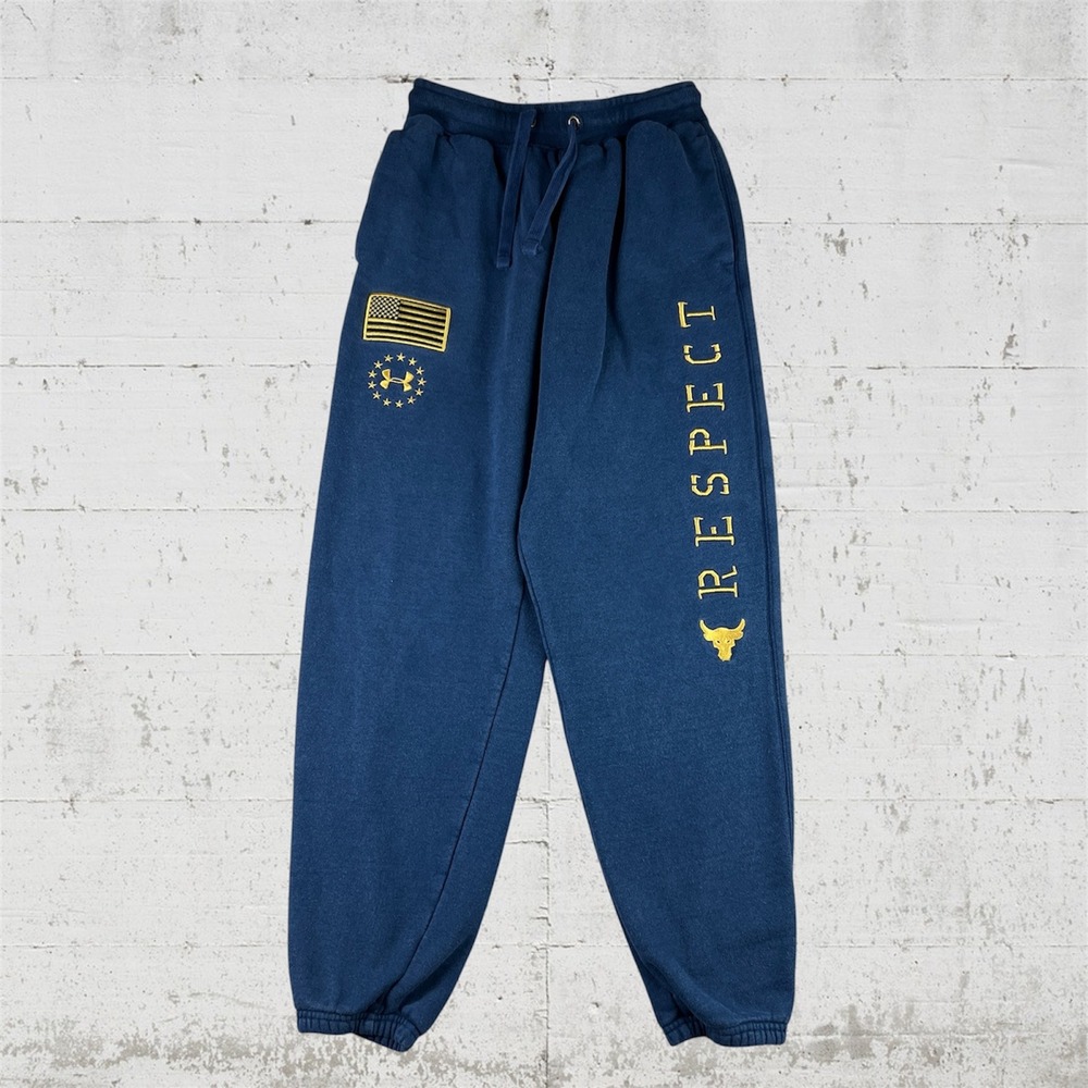 Under Armour Project Rock Sweatpants Men Small Blue Respect Gym Joggers USA Flag